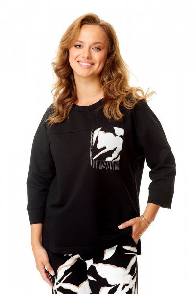 Летний женский комплект из свитшота и брюки с карманами VI ORO VR-1137-2 черный-листья - фото 9