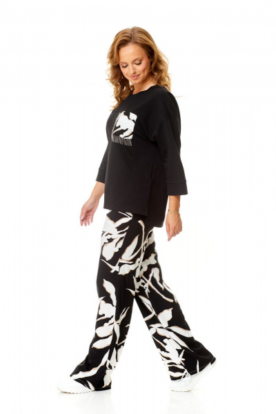Летний женский комплект из свитшота и брюки с карманами VI ORO VR-1137-2 черный-листья - фото 5