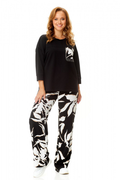Летний женский комплект из свитшота и брюки с карманами VI ORO VR-1137-2 черный-листья - фото 1