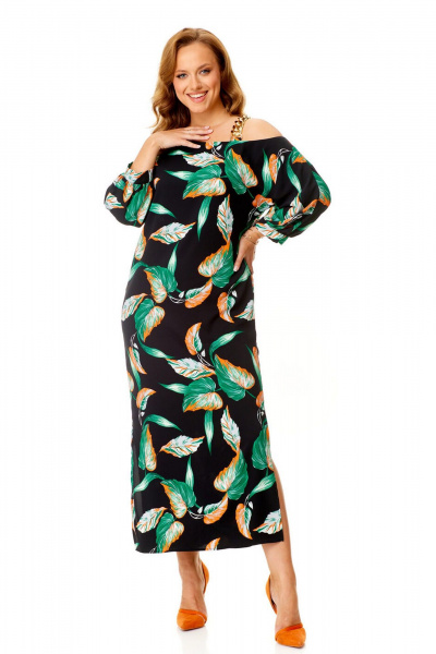 Классическое платье с ассиметричной горловиной и поясом VI ORO VR-1141 черный+листья - фото 4