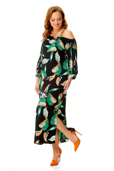 Классическое платье с ассиметричной горловиной и поясом VI ORO VR-1141 черный+листья - фото 2
