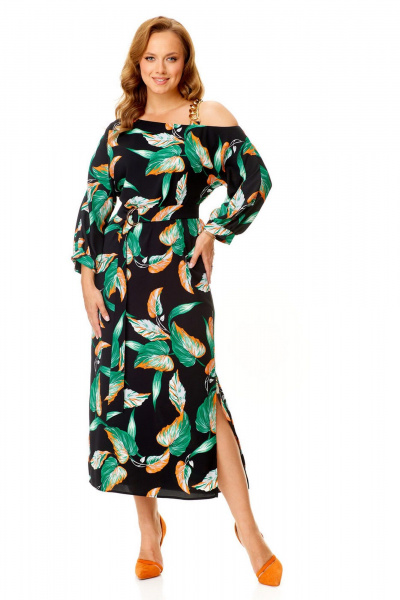 Классическое платье с ассиметричной горловиной и поясом VI ORO VR-1141 черный+листья - фото 8
