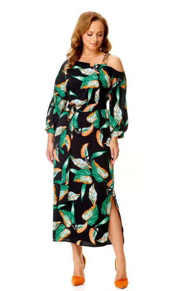 Классическое платье с ассиметричной горловиной и поясом VI ORO VR-1141 черный+листья - фото 7