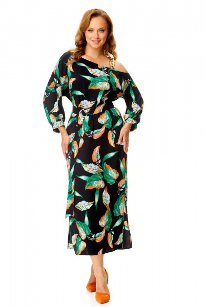 Классическое платье с ассиметричной горловиной и поясом VI ORO VR-1141 черный+листья - фото 6