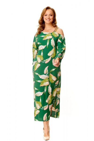 Нарядное платье с летучей мышью и декоративной цепью VI ORO VR-1141 зеленый+листья - фото 16