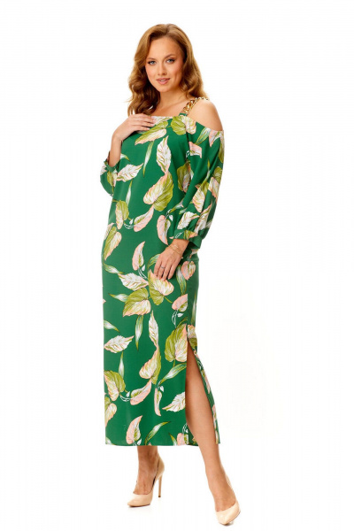Нарядное платье с летучей мышью и декоративной цепью VI ORO VR-1141 зеленый+листья - фото 15