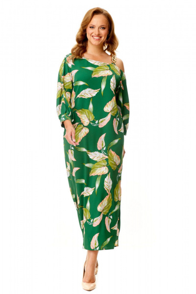 Нарядное платье с летучей мышью и декоративной цепью VI ORO VR-1141 зеленый+листья - фото 14