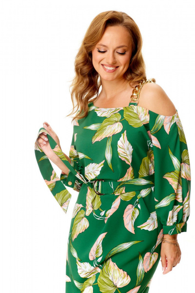 Нарядное платье с летучей мышью и декоративной цепью VI ORO VR-1141 зеленый+листья - фото 7