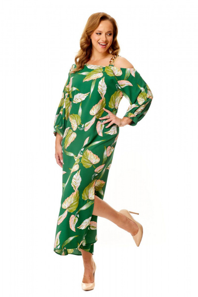 Нарядное платье с летучей мышью и декоративной цепью VI ORO VR-1141 зеленый+листья - фото 6