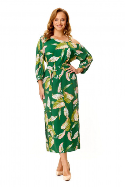 Нарядное платье с летучей мышью и декоративной цепью VI ORO VR-1141 зеленый+листья - фото 3