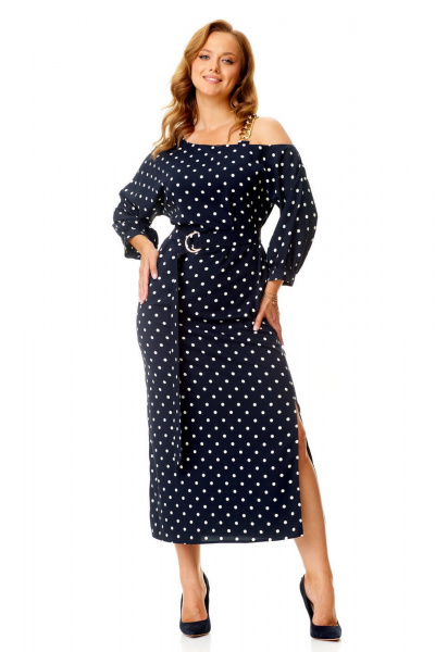 Элегантное платье с ассиметричной горловиной и разрезами VI ORO VR-1141 темно-синий+мелкий_горох - фото 11