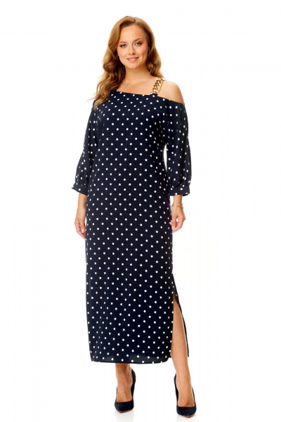 Элегантное платье с ассиметричной горловиной и разрезами VI ORO VR-1141 темно-синий+мелкий_горох - фото 3