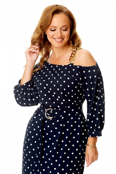 Элегантное платье с ассиметричной горловиной и разрезами VI ORO VR-1141 темно-синий+мелкий_горох - фото 6