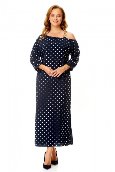 Элегантное платье с ассиметричной горловиной и разрезами VI ORO VR-1141 темно-синий+мелкий_горох - фото 4