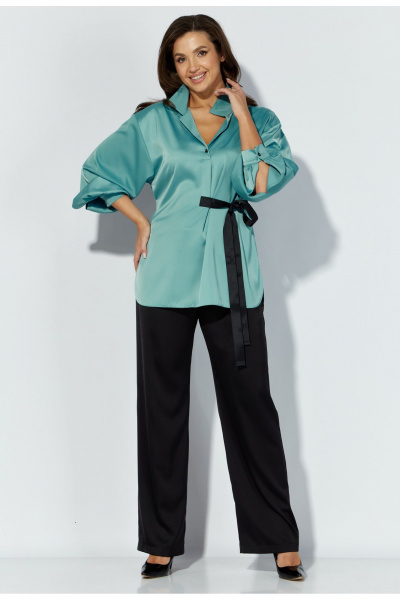 Комплект блуза и брюки из текстиля с регулируемым поясом TAiER 1301 бирюза_черный - фото 6