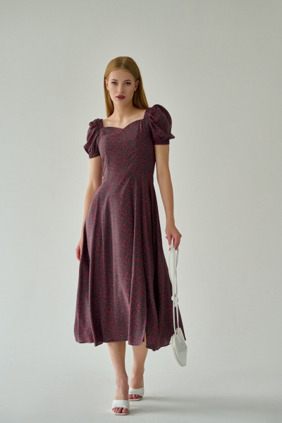 Красное или серое платье из вискозы с открытой спинкой и разрезом Мастер Мод 844вмс серый_красные_цветочки - фото 1