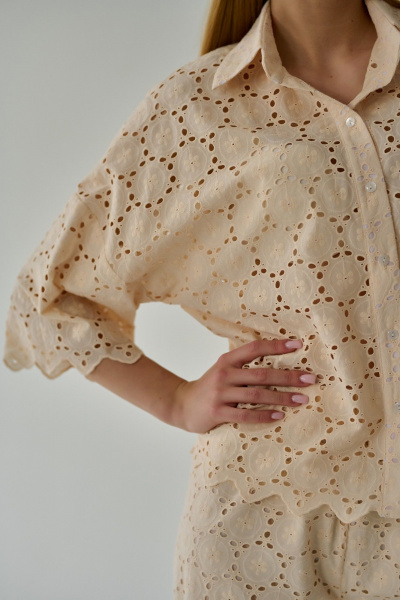 Блуза из хлопка с фигурным краем и свободным кроем Мастер Мод 853с бежевый - фото 4