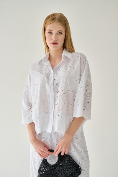 Белая хлопковая блузка с классическим воротником и коротким рукавом Мастер Мод 853с белый - фото 2