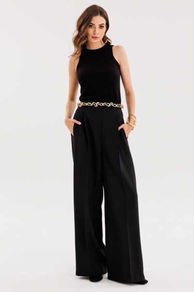 Черные брюки-палаццо из костюмной ткани с складками и лампасами EOLA 2595 черный - фото 6