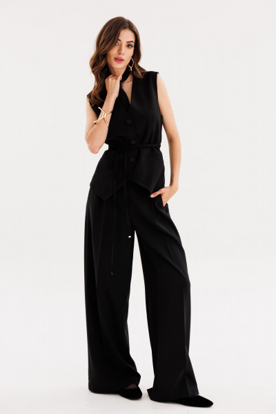 Черные брюки-палаццо из костюмной ткани с складками и лампасами EOLA 2595 черный - фото 1