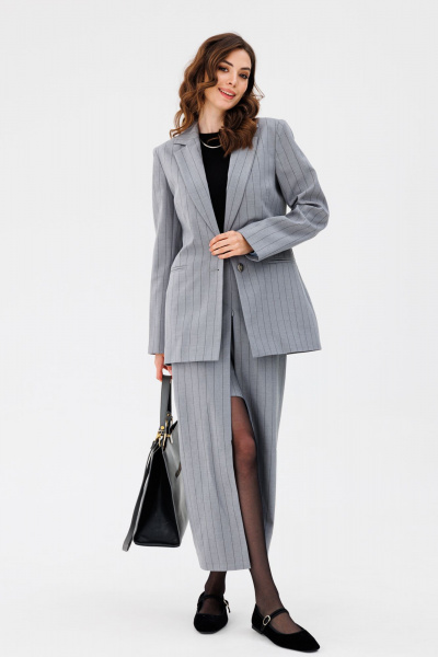 Жакет и юбка в полоску полуприлегающего силуэта EOLA 2657 светло-серая_полоска - фото 7
