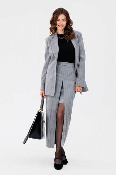 Жакет и юбка в полоску полуприлегающего силуэта EOLA 2657 светло-серая_полоска - фото 1