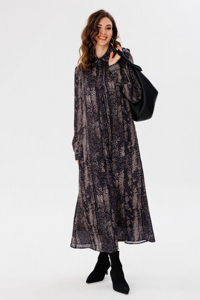 Платье рубашечного силуэта из креп-атласа с принтом EOLA 2681 черный_принт - фото 1