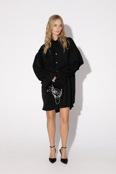 Демисезонное платье-рубашка из текстиля с воланами PiRS 4788 черный - фото 3