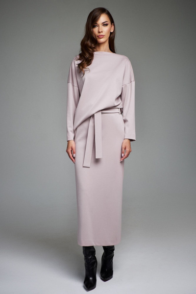 Комплект джемпер и юбка с прорезной линией и поясом-завязкой DILIA 0883 пыльная_роза - фото 1