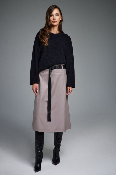 Юбка А-силуэта из эко-кожи с кокеткой и поясом DILIA 0894 капучино - фото 1