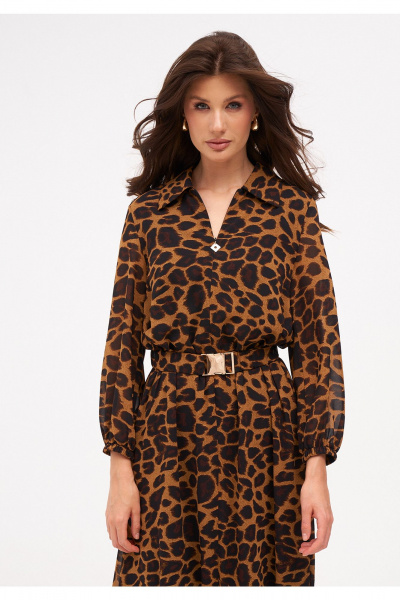 Миди платье из шифона с ремнем и рукавом 7/8 KaVaRi 1092 леопардовый - фото 6