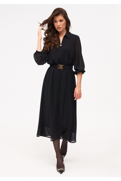 Черное миди платье с шифоновым рукавом и ремнем KaVaRi 1092.1 черный - фото 1