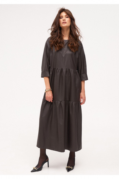 Коричневое миди платье из экокожи с отрезным по талии фасоном KaVaRi 1093 коричневый - фото 12