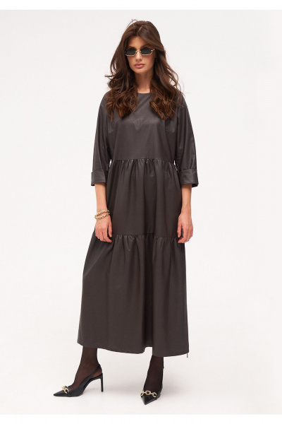 Коричневое миди платье из экокожи с отрезным по талии фасоном KaVaRi 1093 коричневый - фото 1