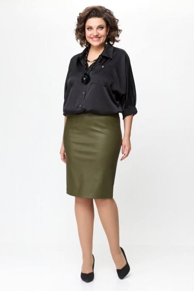 Зеленая экокожаная юбка с шлицами и талиевыми вытачками Solomeya Lux 741 хаки - фото 9