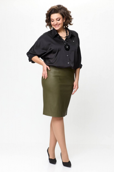 Зеленая экокожаная юбка с шлицами и талиевыми вытачками Solomeya Lux 741 хаки - фото 8
