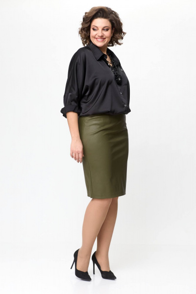 Зеленая экокожаная юбка с шлицами и талиевыми вытачками Solomeya Lux 741 хаки - фото 6