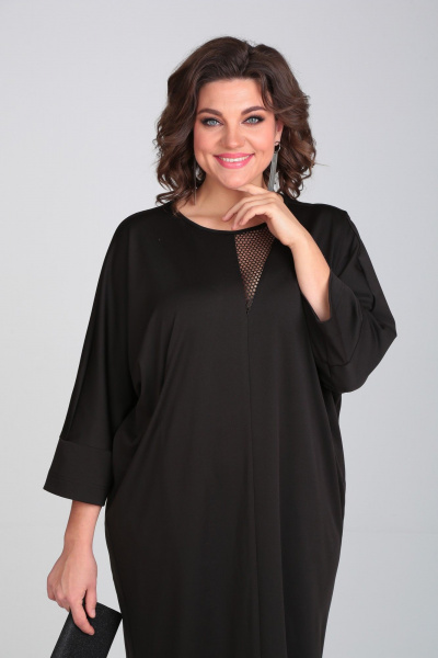 Черное платье из трикотажа с сетчатой вставкой и прорезными карманами Michel chic 2113/2 черный - фото 7