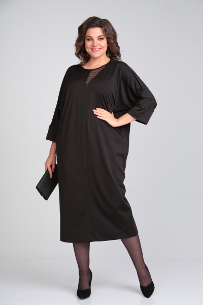 Черное платье из трикотажа с сетчатой вставкой и прорезными карманами Michel chic 2113/2 черный - фото 3