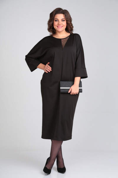 Черное платье из трикотажа с сетчатой вставкой и прорезными карманами Michel chic 2113/2 черный - фото 2