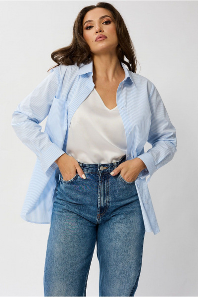 Белая рубашечная блуза с воротником стойкой и нагрудным карманом Mislana 1095 - фото 10