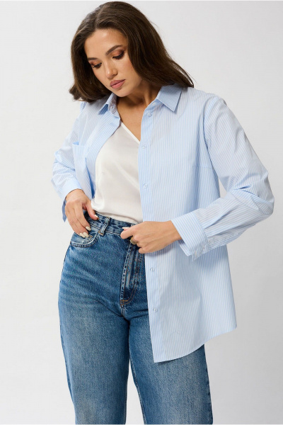 Белая рубашечная блуза с воротником стойкой и нагрудным карманом Mislana 1095 - фото 9