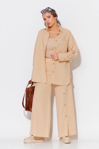 Летний бежевый костюм рубашечного стиля с брюками и жакетом Anastasia 975.1 пшеничный - фото 8