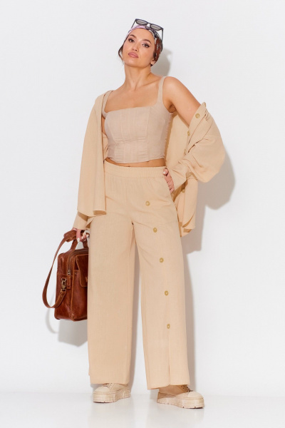 Летний бежевый костюм рубашечного стиля с брюками и жакетом Anastasia 975.1 пшеничный - фото 7