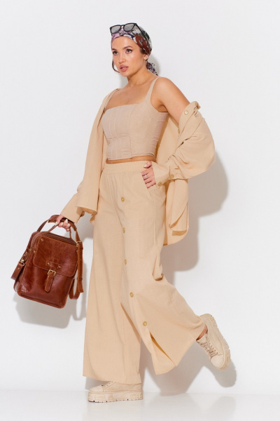 Летний бежевый костюм рубашечного стиля с брюками и жакетом Anastasia 975.1 пшеничный - фото 5