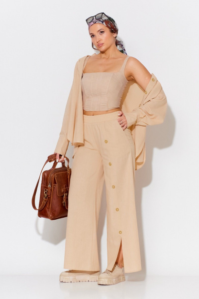 Летний бежевый костюм рубашечного стиля с брюками и жакетом Anastasia 975.1 пшеничный - фото 4
