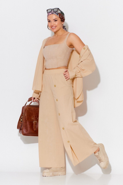 Летний бежевый костюм рубашечного стиля с брюками и жакетом Anastasia 975.1 пшеничный - фото 1