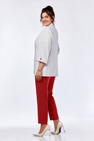 Комплект блуза брюки жакет из вискозы и льна на каждый день Ольга Стиль С-707/1 серая_полоска_красный - фото 6