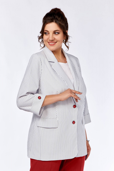 Комплект блуза брюки жакет из вискозы и льна на каждый день Ольга Стиль С-707/1 серая_полоска_красный - фото 5