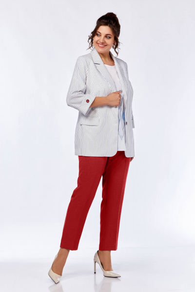 Комплект блуза брюки жакет из вискозы и льна на каждый день Ольга Стиль С-707/1 серая_полоска_красный - фото 4